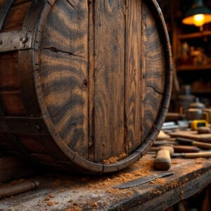 Reclaimed Scottish oak whisky barrel being restored in the Barrels Furniture workshop 