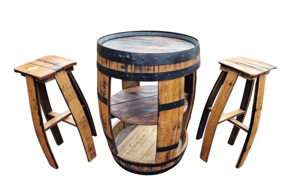 Open Whiskey Barrel & 2 Stools Set​