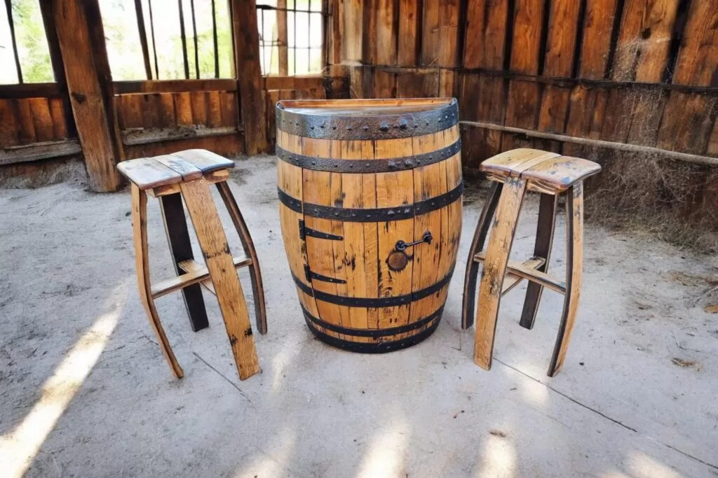 Finished whisky barrel table and stool set ready for delivery