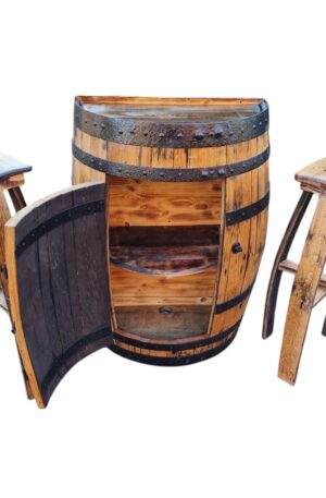 Half Barrel Cabinet & 2 Stools Set