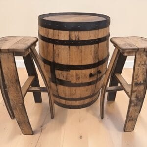 Oak Barrel Cabinet Set with 2 Matching Oak Bar Stools