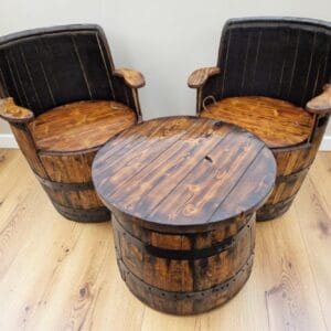 Oak Whiskey Barrel Armchair Set with Coffee Table