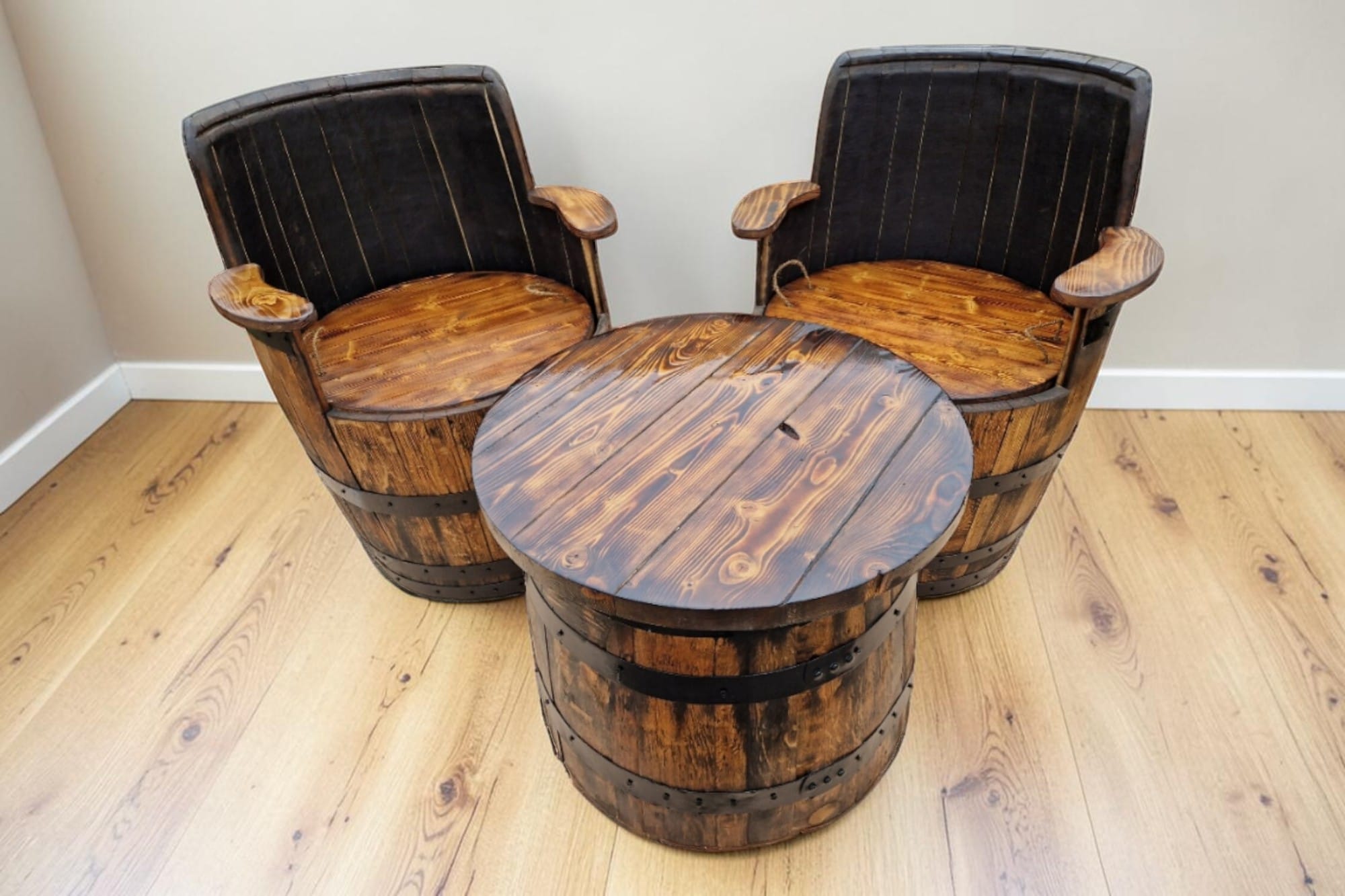 Oak Whiskey Barrel Armchair Set with Coffee Table