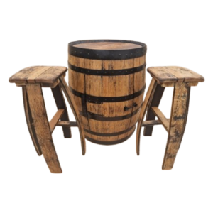 Oak Barrel Cabinet Set with 2 Matching Oak Bar Stools