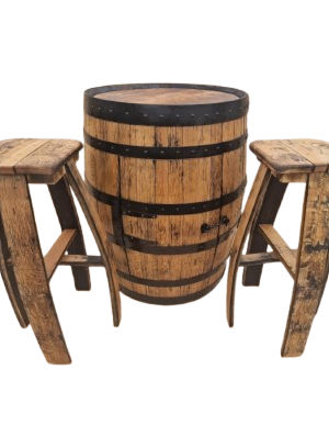 Oak Barrel Cabinet Set with 2 Matching Oak Bar Stools