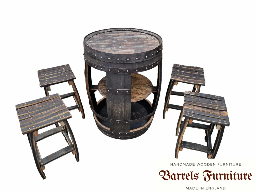 Dark oak whisky barrel bar table and stools in a room setting