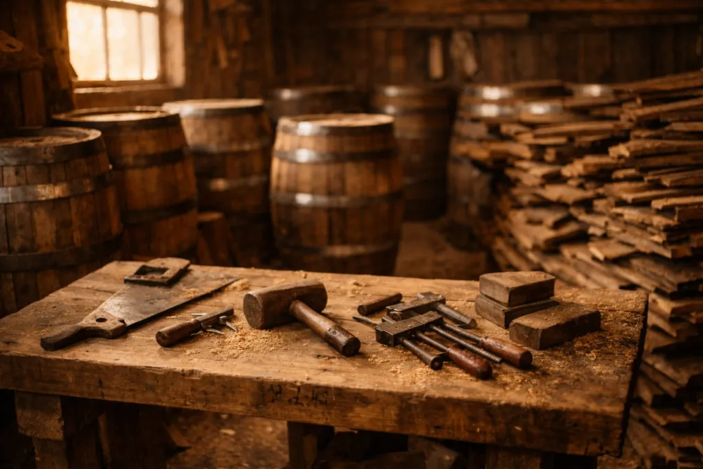 Whisky barrel furniture workshop with tools, timber and reclaimed barrels