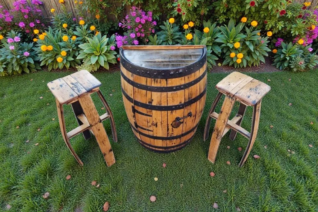 Half whisky barrel cabinet with two wooden stools