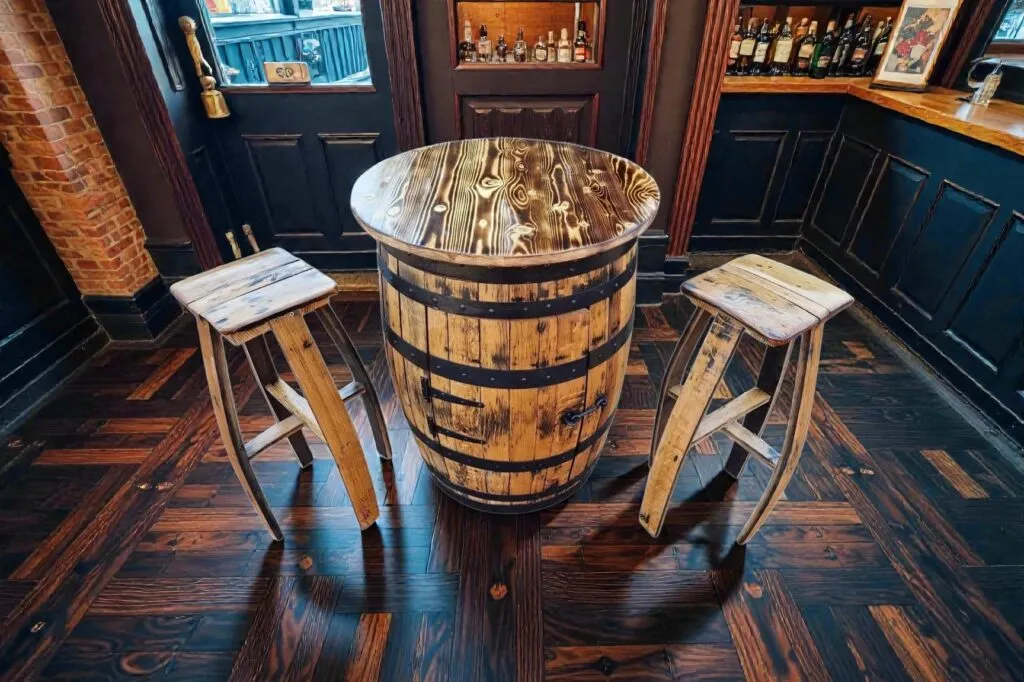 Whisky barrel cabinet table with two matching stools