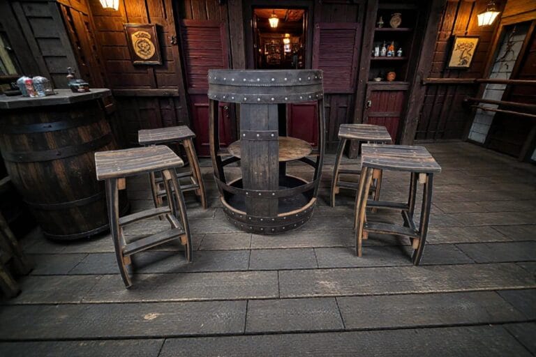 Dark oak whisky barrel bar set with matching stools