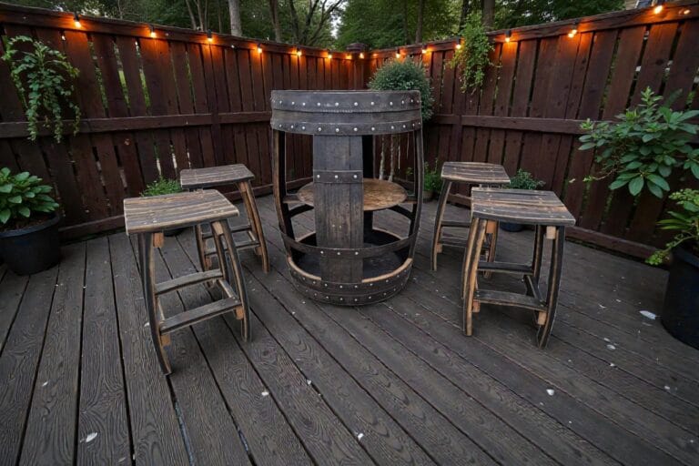 Dark oak whisky barrel bar set with stools for a garden bar or pub shed