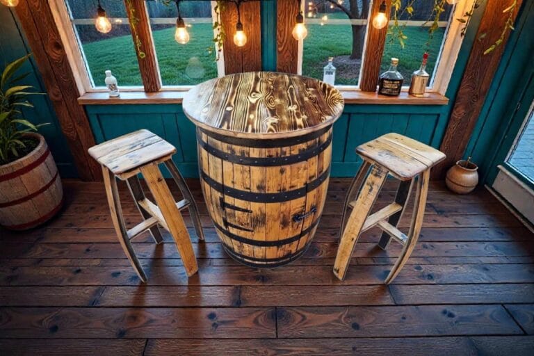 Whisky barrel bar table with two stools for a home bar