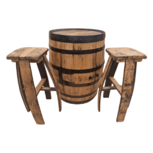 Oak Barrel Cabinet Set with 2 Matching Oak Bar Stools