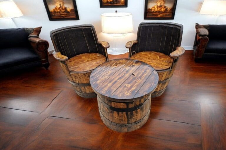Whisky barrel armchairs and coffee table in an indoor home bar lounge