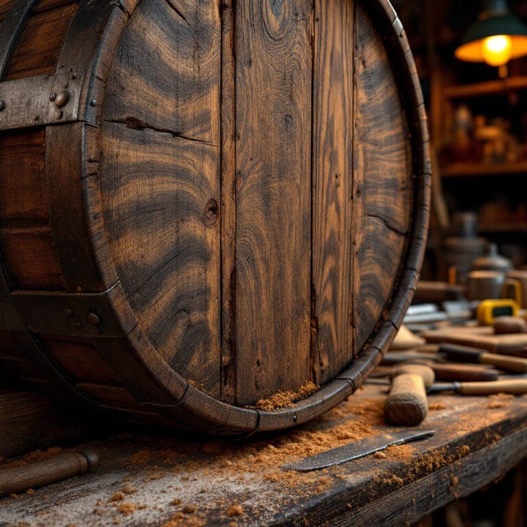 Reclaimed Scottish oak whisky barrel being restored in the Barrels Furniture workshop 