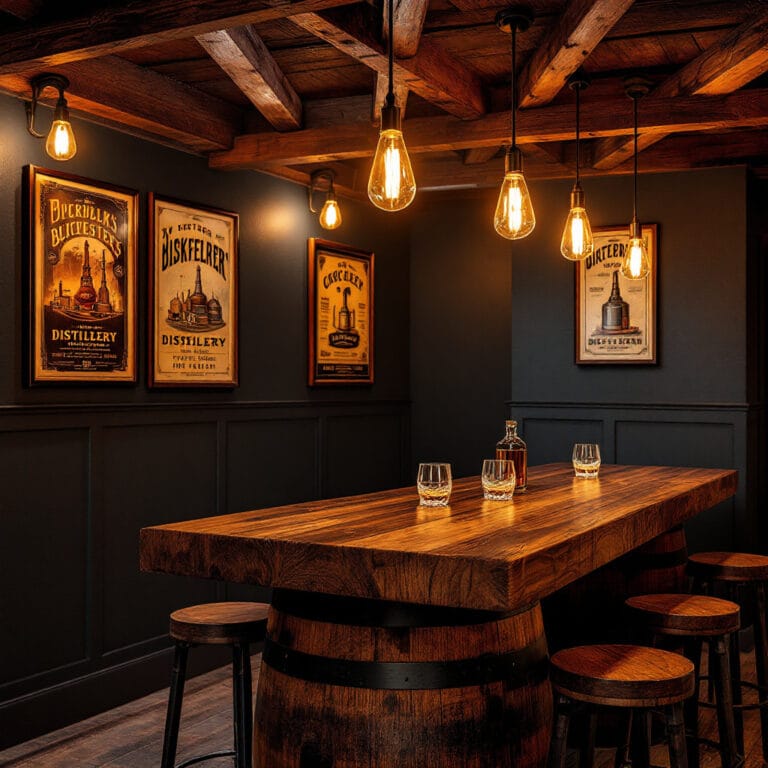 Full whisky barrel bar set with stools in a home games room — Barrels Furniture UK
