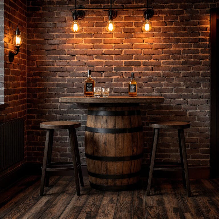 Whisky barrel cabinet table with oak stools in an indoor home bar corner