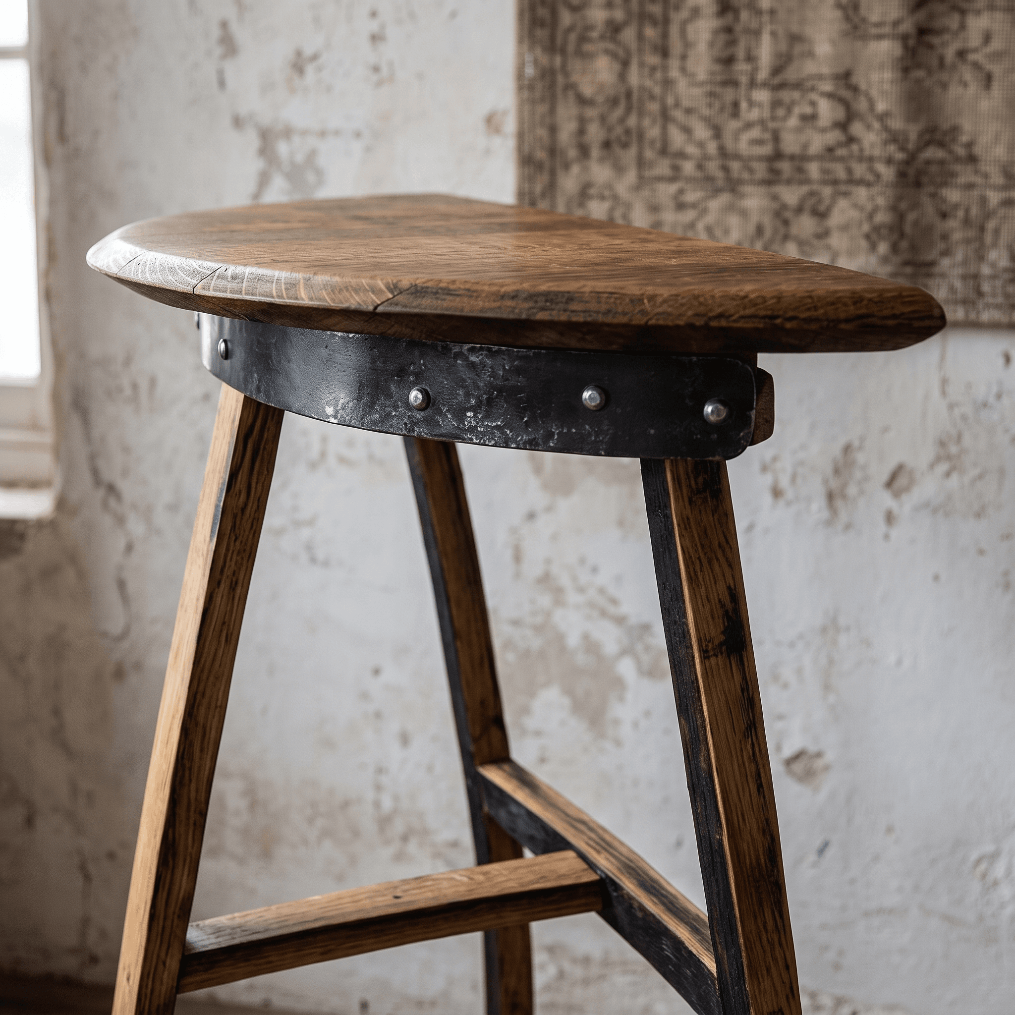 Whiskey Barrel Console Table – Rustic Reclaimed Oak – reclaimed oak and steel hoop detail