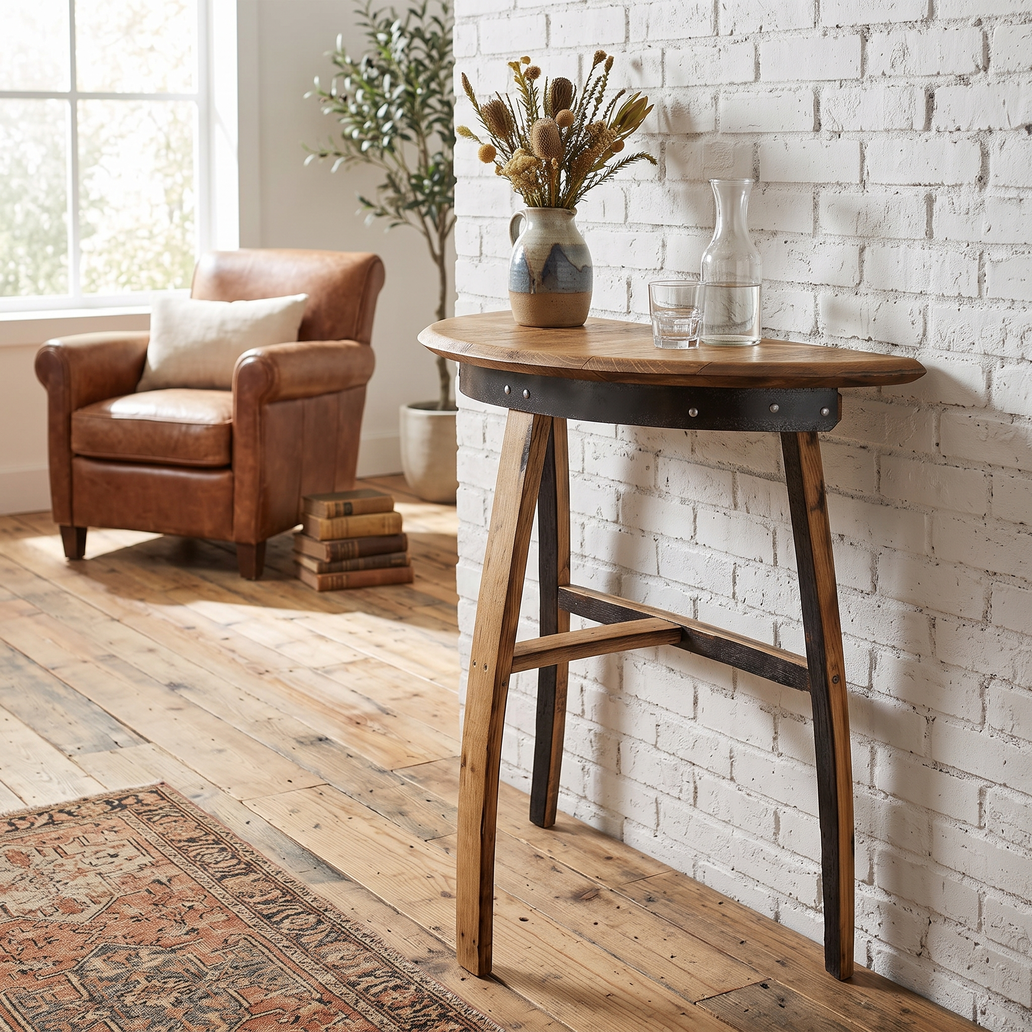 Whiskey Barrel Console Table – three-quarter view