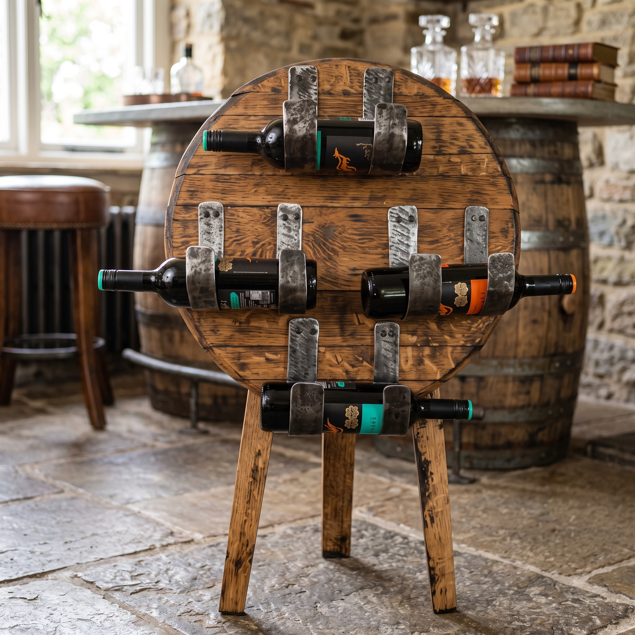 Circular Whiskey Barrel Wine Rack – three-quarter view