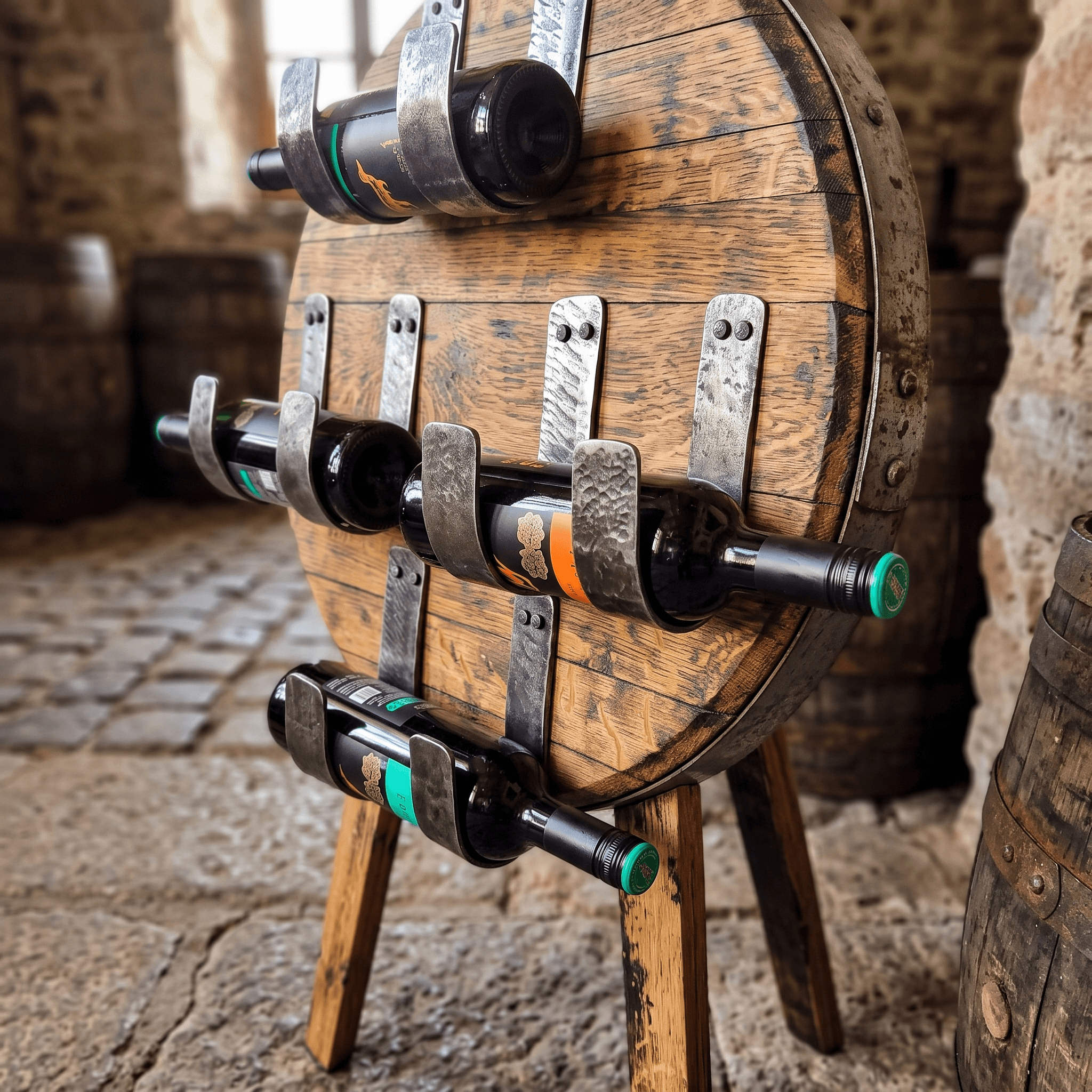 Circular Whiskey Barrel Wine Rack – lifestyle setting
