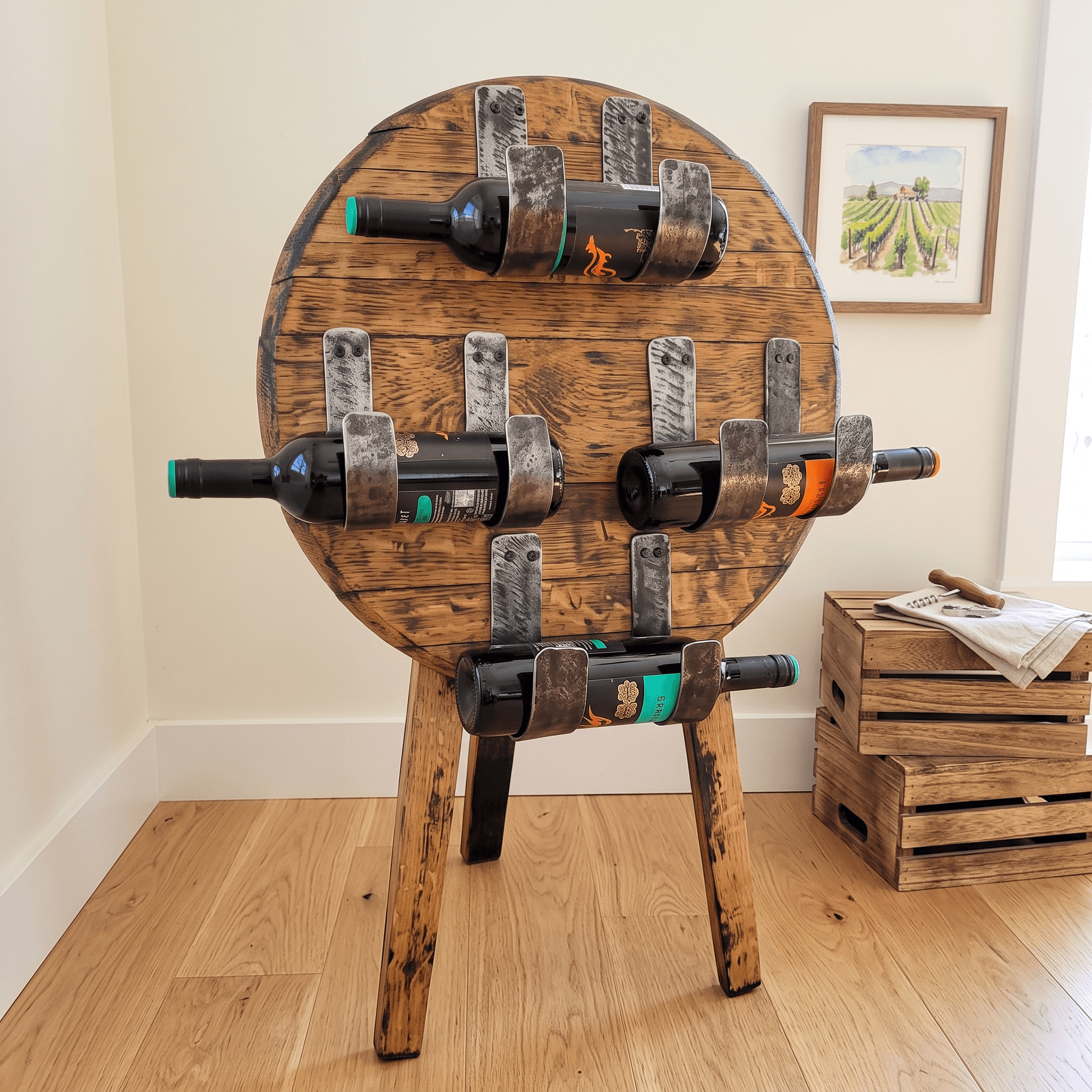 Circular Whiskey Barrel Wine Rack – lifestyle setting