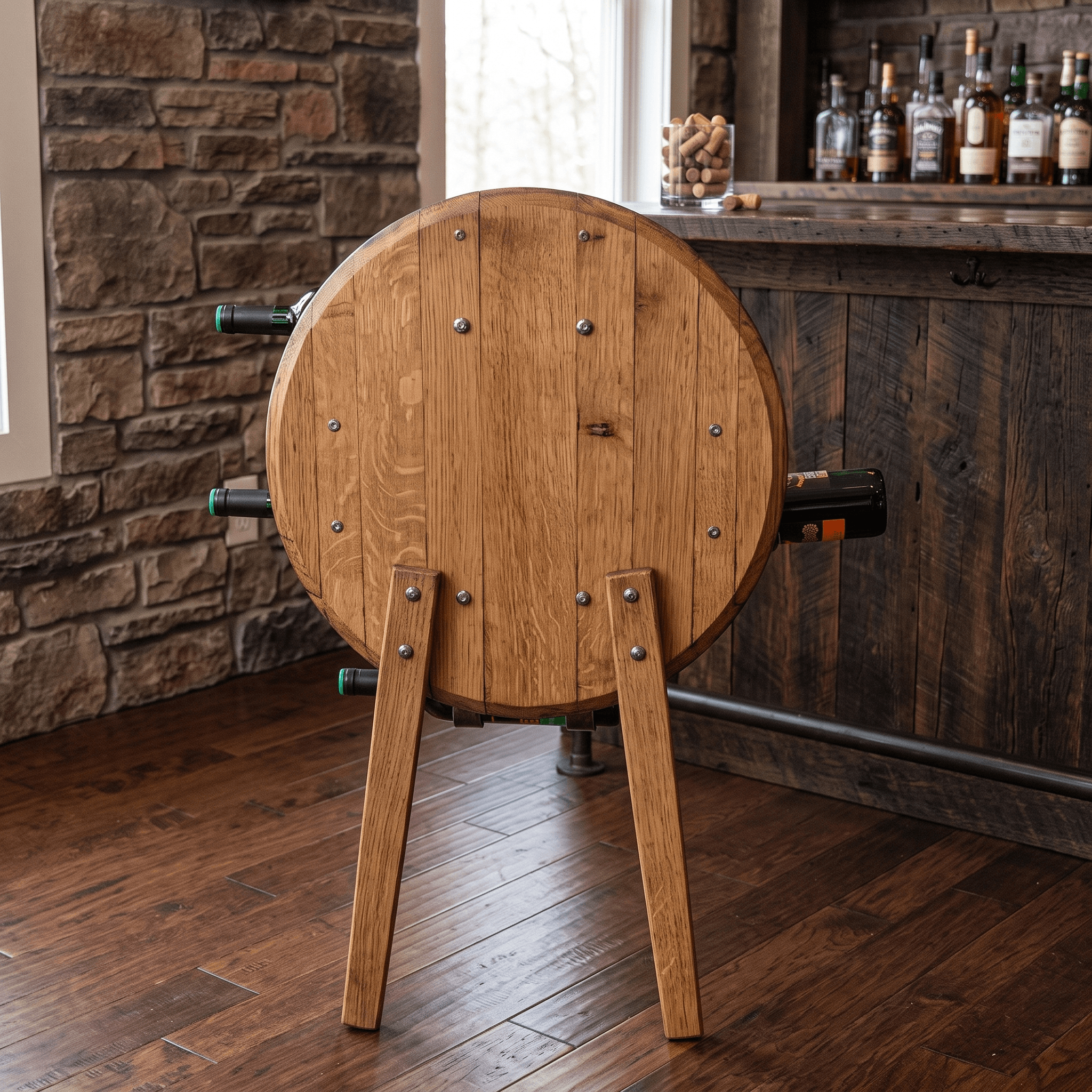 Circular Whiskey Barrel Wine Rack – side view