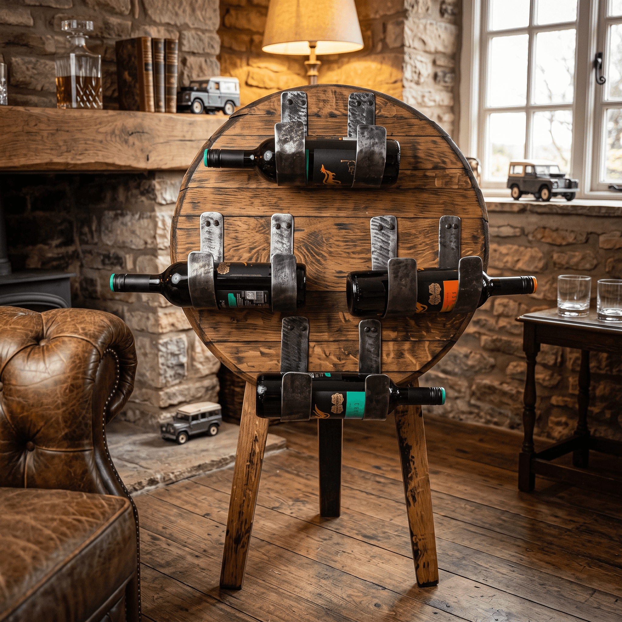 Circular Whiskey Barrel Wine Rack – close-up product view