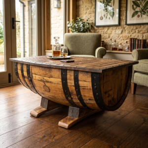 Rustic Whiskey Barrel Coffee Table – hero view