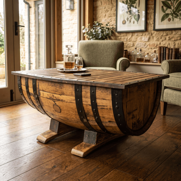 Rustic Whiskey Barrel Coffee Table – hero view