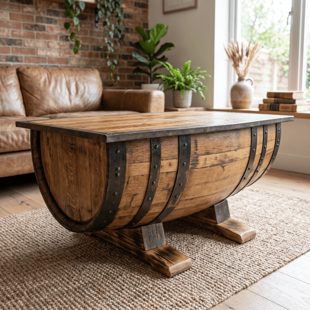 Rustic Whiskey Barrel Coffee Table – three-quarter view