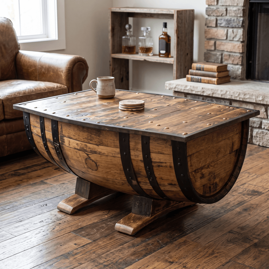 Rustic Whiskey Barrel Coffee Table – lifestyle setting