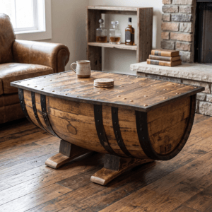 Rustic Whiskey Barrel Coffee Table – lifestyle setting