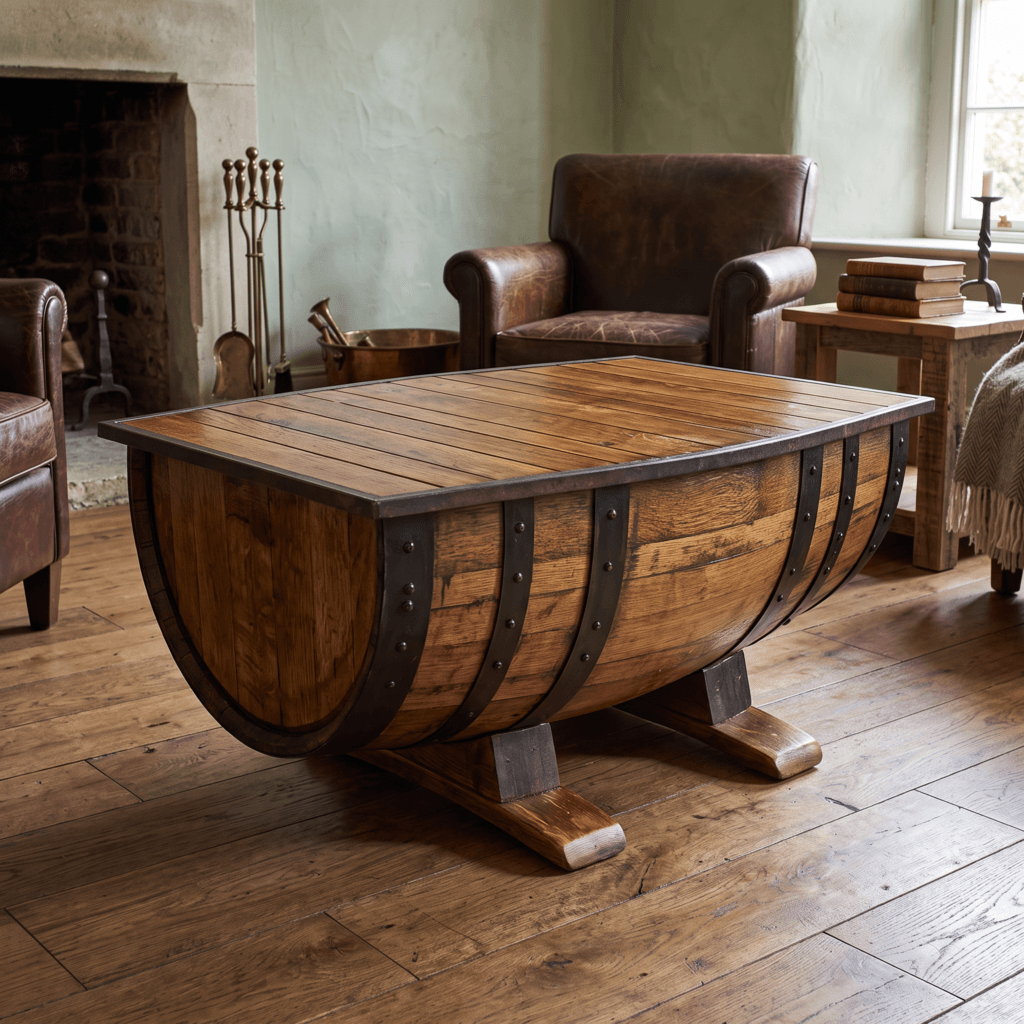 Rustic Whiskey Barrel Coffee Table – side view