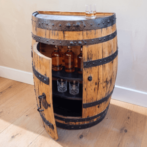 Half Whiskey Barrel Bar Cabinet – lifestyle setting