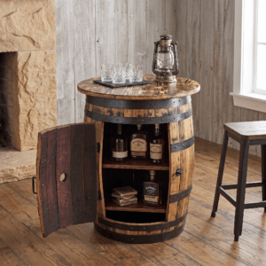 Rustic Whiskey Barrel Table with Storage – lifestyle setting