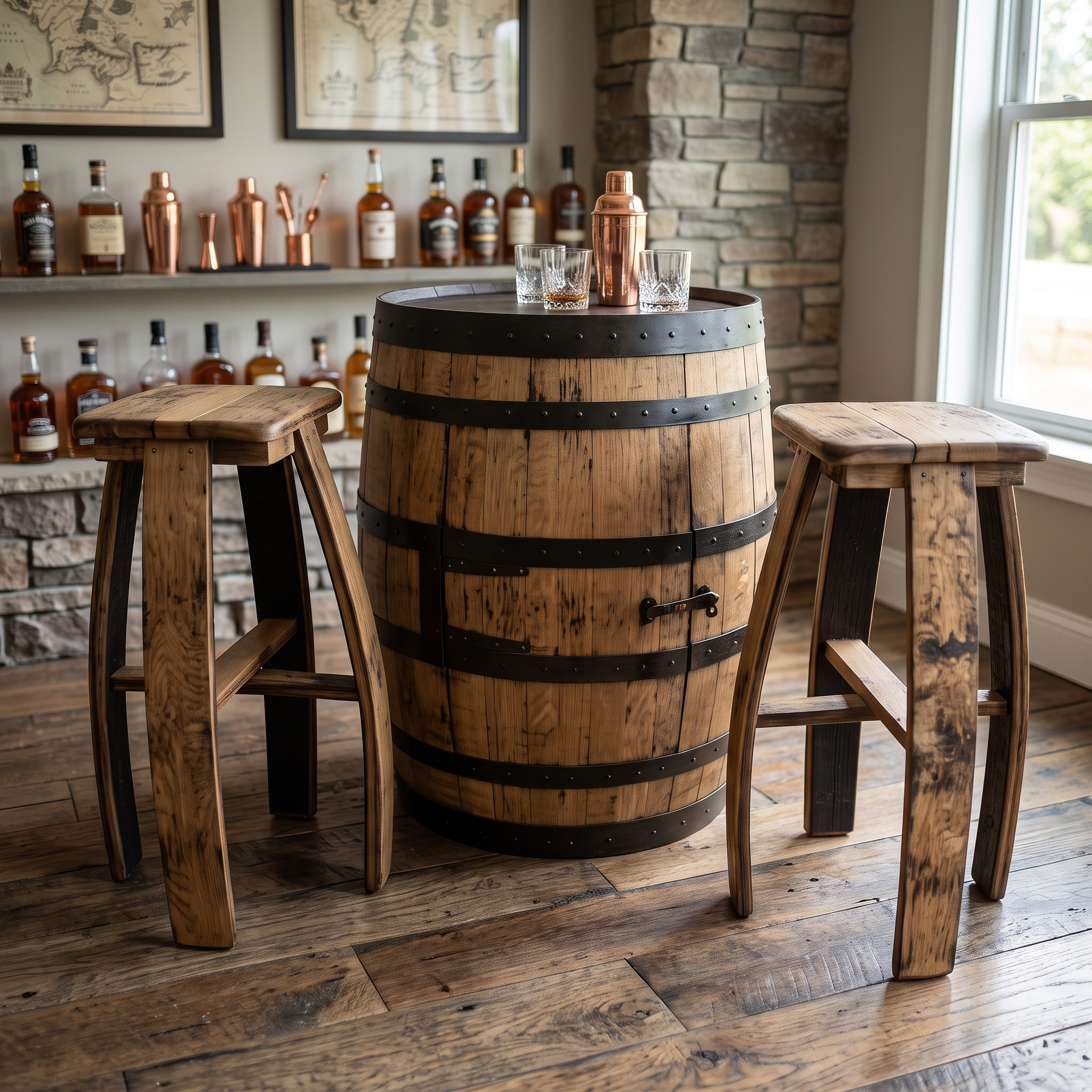 Oak Barrel Cabinet Set – three-quarter view