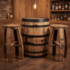Oak Barrel Cabinet Set with 2 Matching Oak Bar Stools