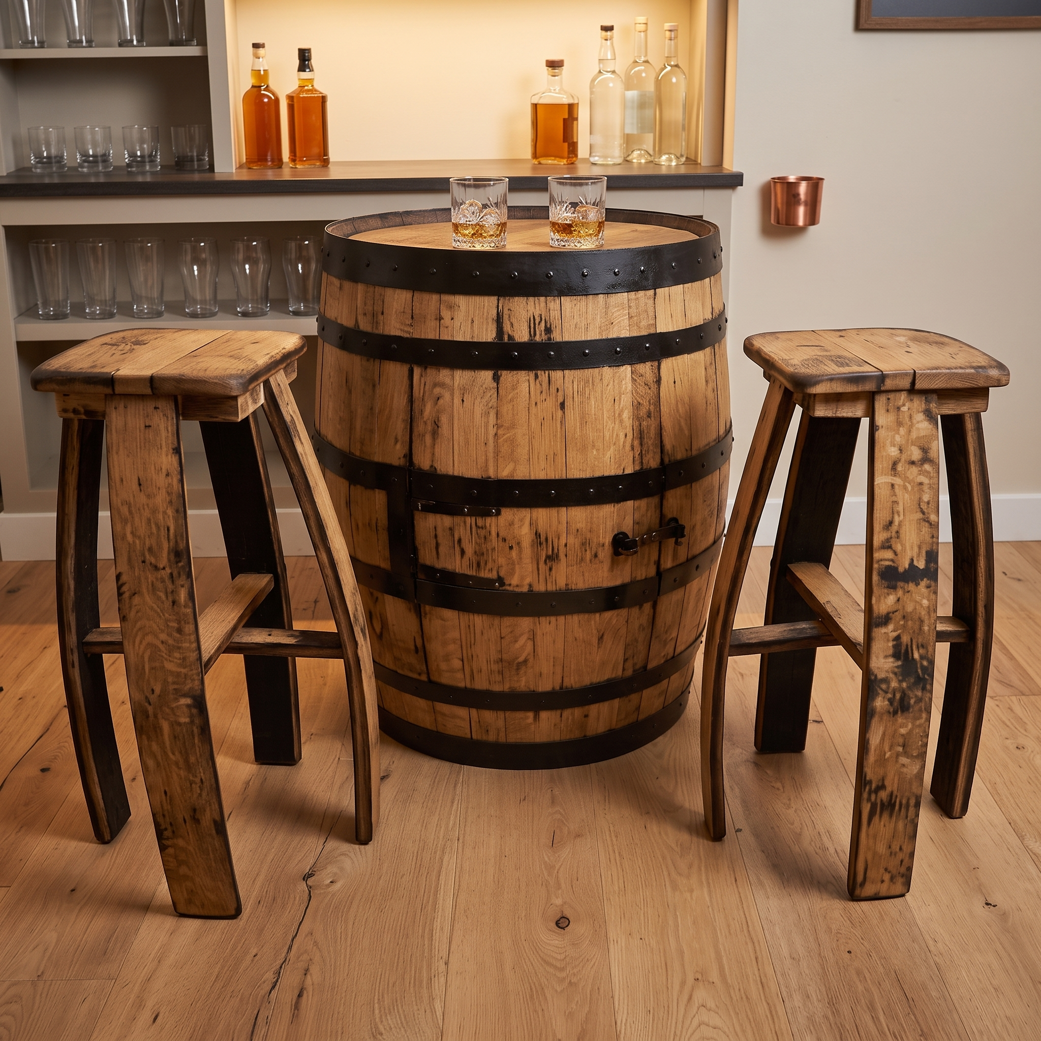 Oak Barrel Cabinet Set – lifestyle setting