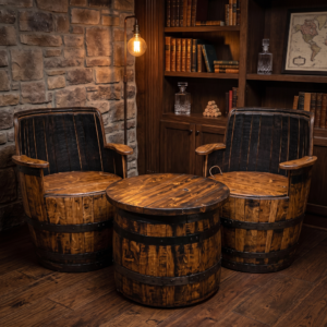 Oak Whiskey Barrel Armchair Set – hero view