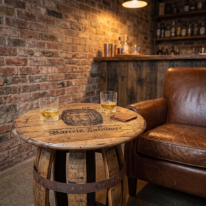 Custom Laser Engraved Oak Barrel Lid Table – hero view
