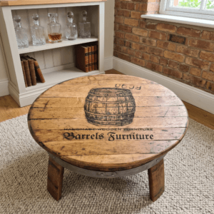 Custom Laser Engraved Oak Barrel Lid Table – lifestyle setting