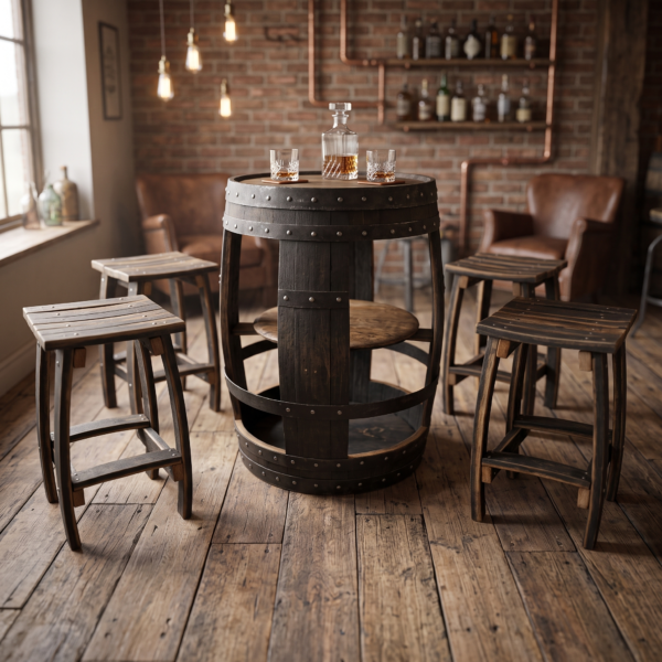 Rustic dark oak whisky barrel bar table with four matching stools