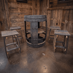 Rustic Dark Oak Whiskey Barrel Bar Set – lifestyle setting