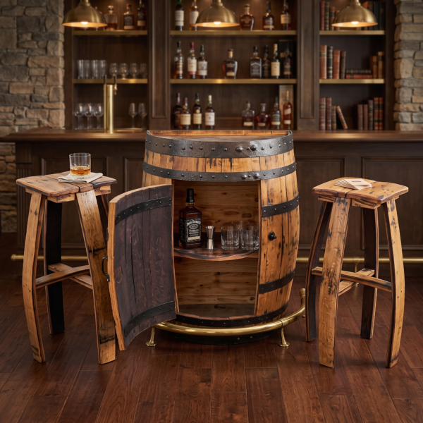 Half whisky barrel cabinet with two curved oak stools