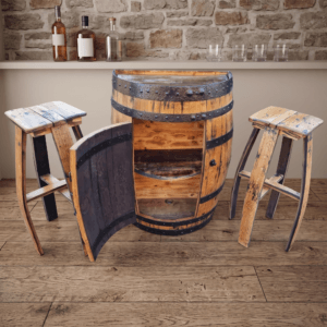 Half Barrel Cabinet & 2 Stools – lifestyle setting