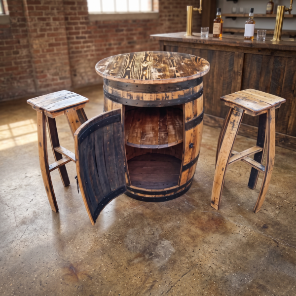 Whiskey barrel cabinet table set with two matching oak stools