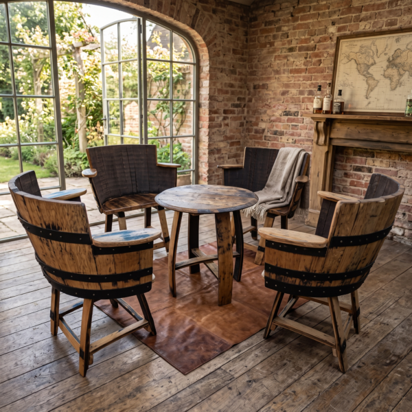 Four whisky barrel armchairs with matching round oak coffee table