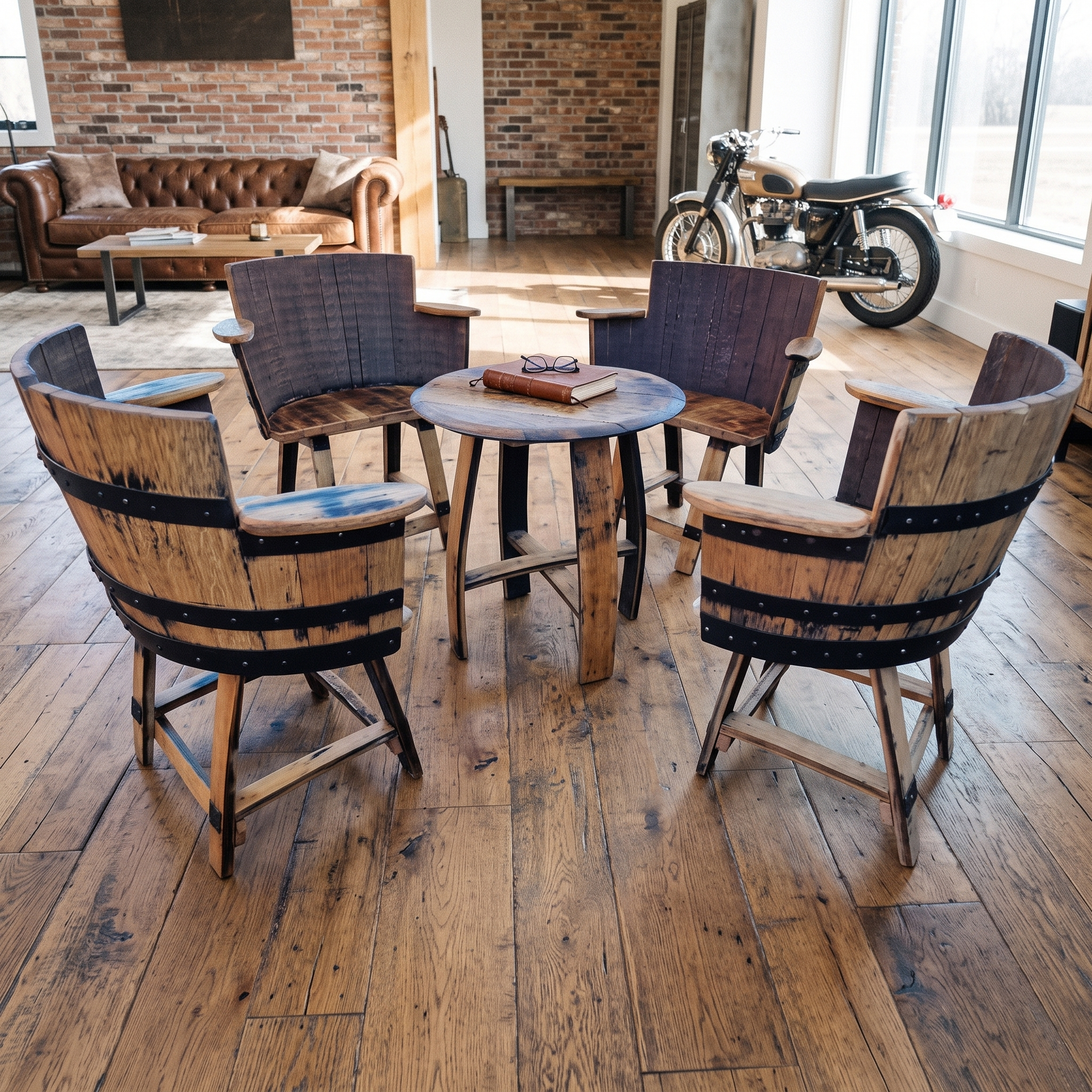 Whiskey Barrel Armchairs & Coffee Table – three-quarter view