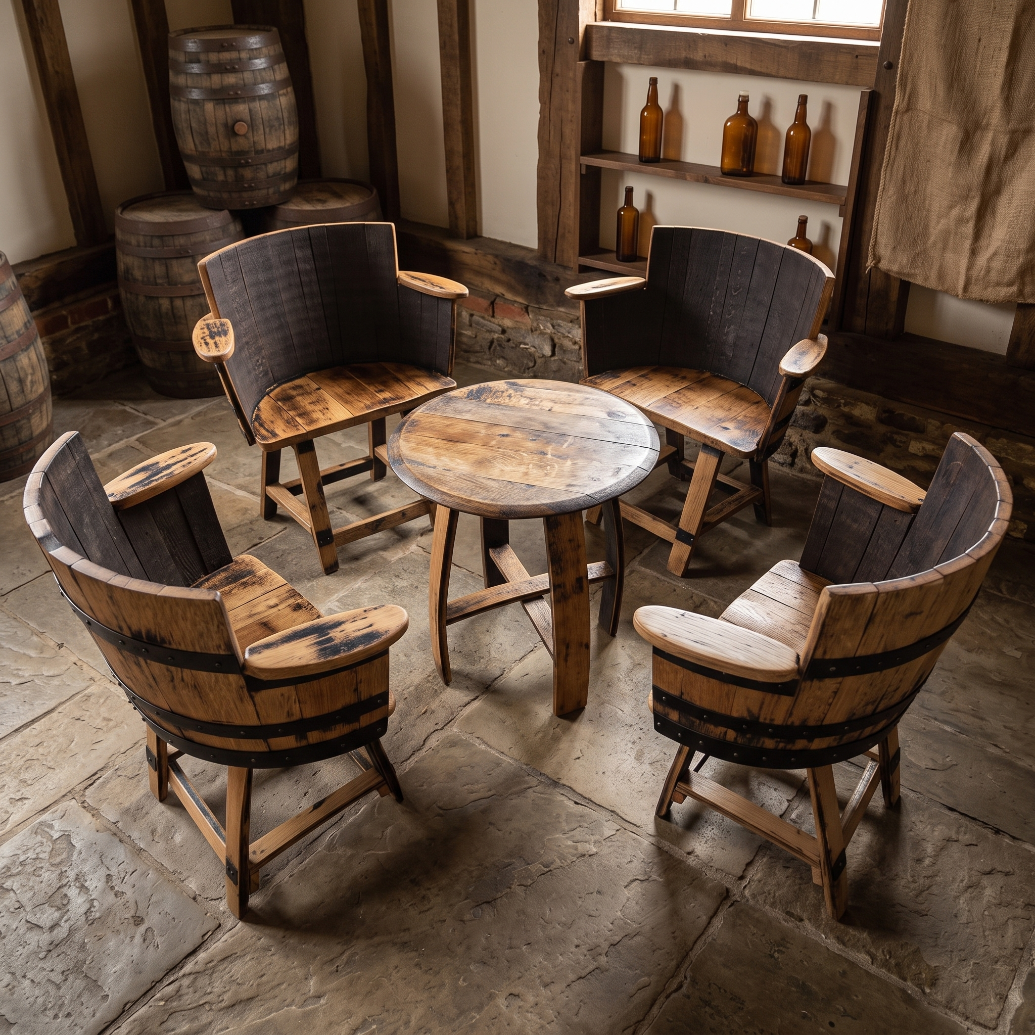 Whiskey Barrel Armchairs & Coffee Table – alternate full product view